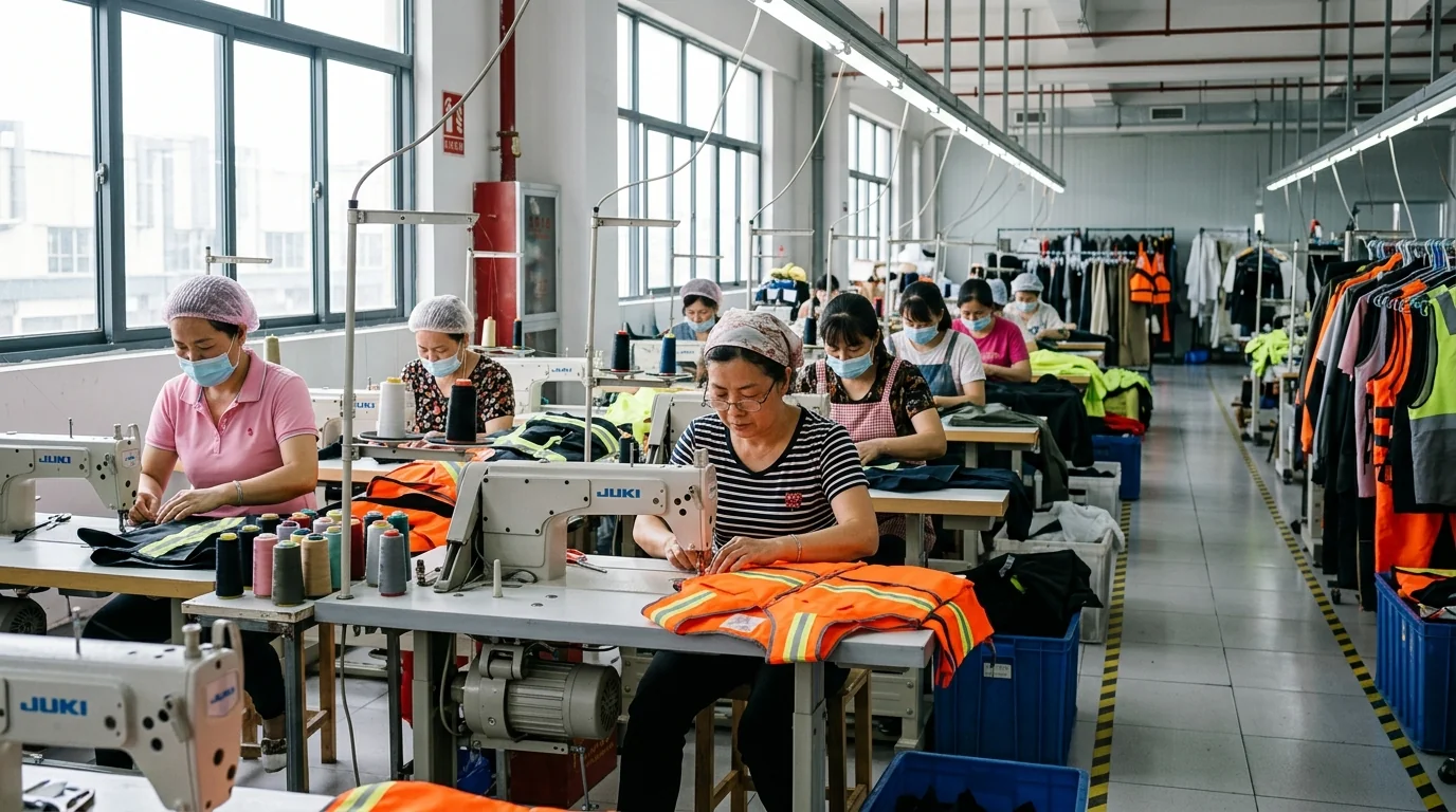 Fishing apparel sewing production lines on the floor