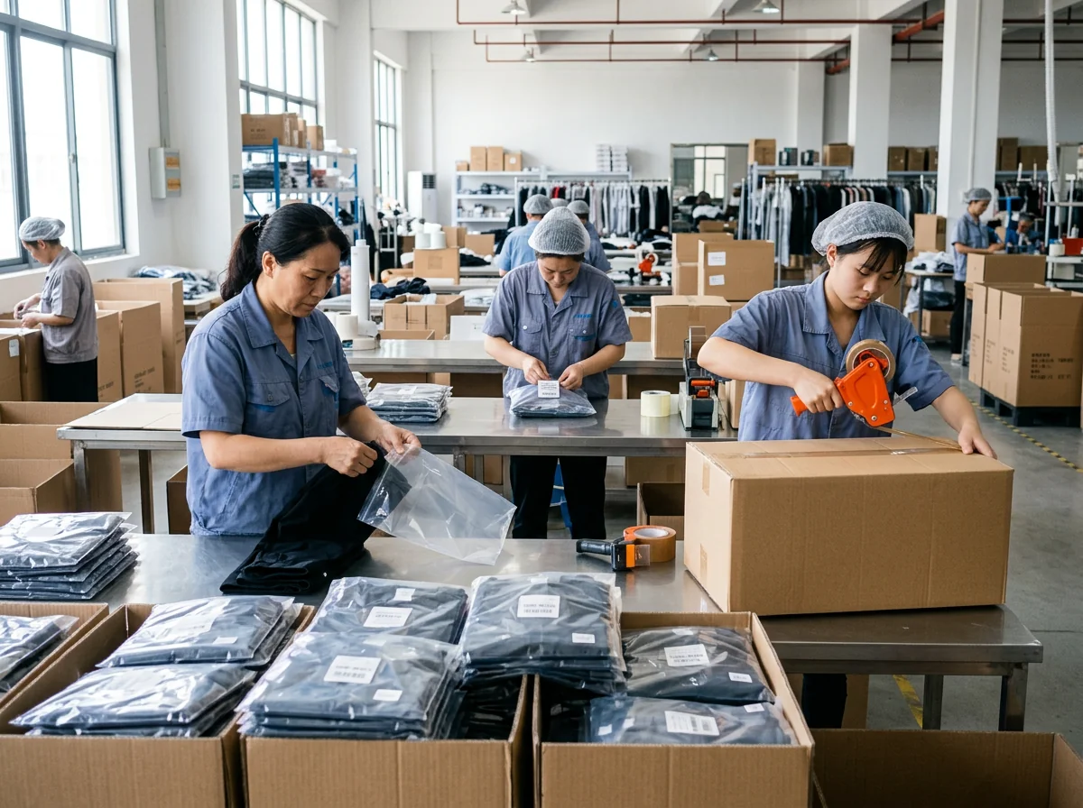 Stage 6 packing — poly-bagging, labeling and carton-taping
