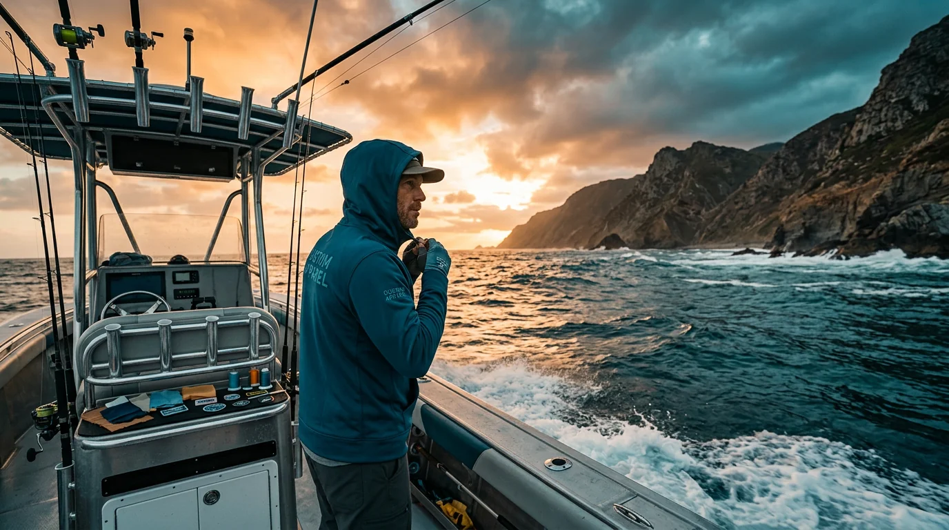 Angler wearing a custom fishing fleece hooded sweatshirt on a cold dawn on the water