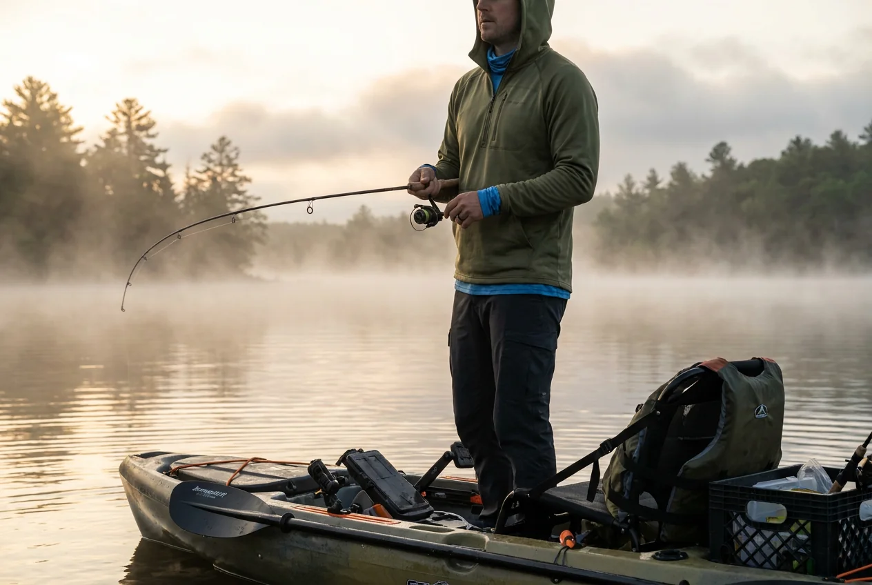 Anglers on a cold pre-dawn offshore run in cool-season conditions