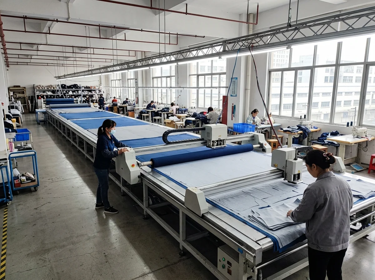 Automatic fabric spreader and cutting table on the factory floor