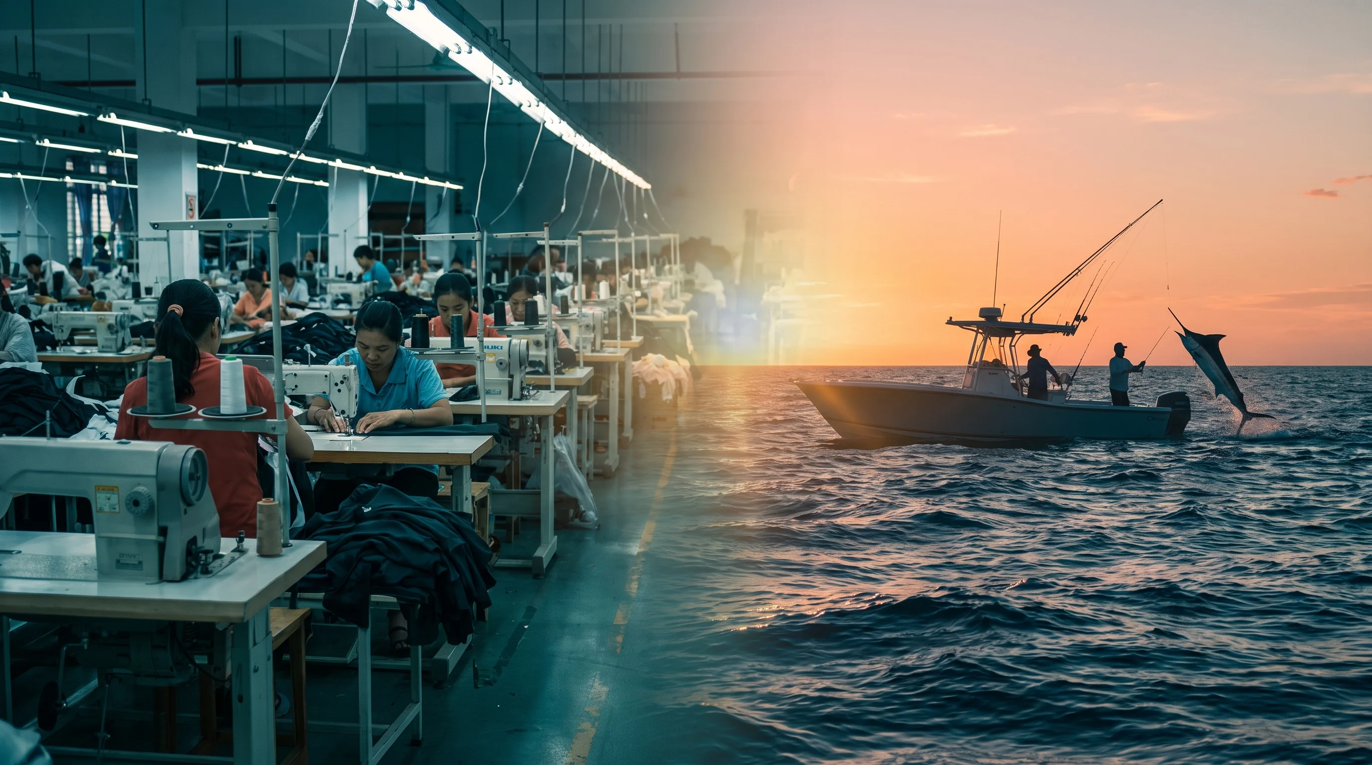 Fishing apparel sewing floor blending into an open-ocean fishing scene at golden hour