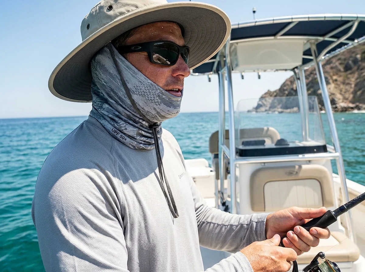 Neck gaiter stretched to fit the face