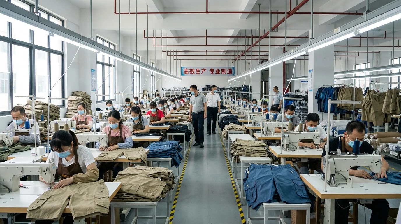 Fishing apparel and flag factory floor