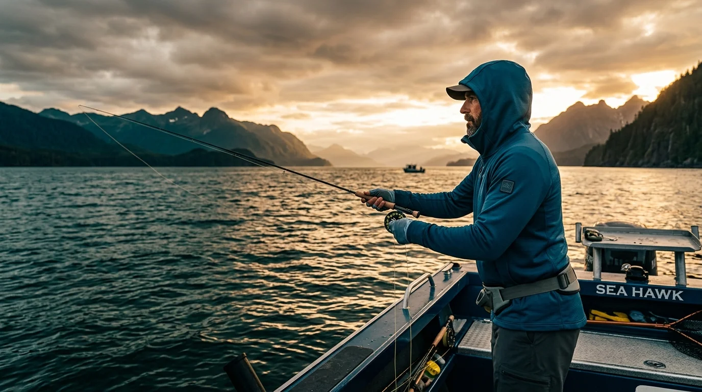 Angler wearing a custom UPF sun hoodie with the hood and gaiter collar up on the water