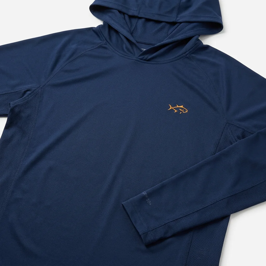 Custom gaiter-hood UPF fishing sun hoodie with a pull-up face collar
